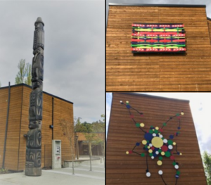 Clockwise: Totem pole, Metis woven cedar art, and metal art of an Alberta rose